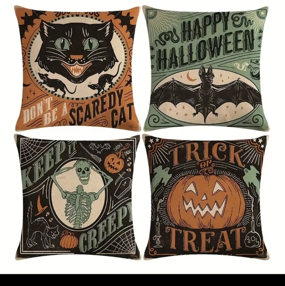 Set of 4 Vintage retro Halloween pumpkin cat 18x18 Pillow Covers - Picture 1 of 5